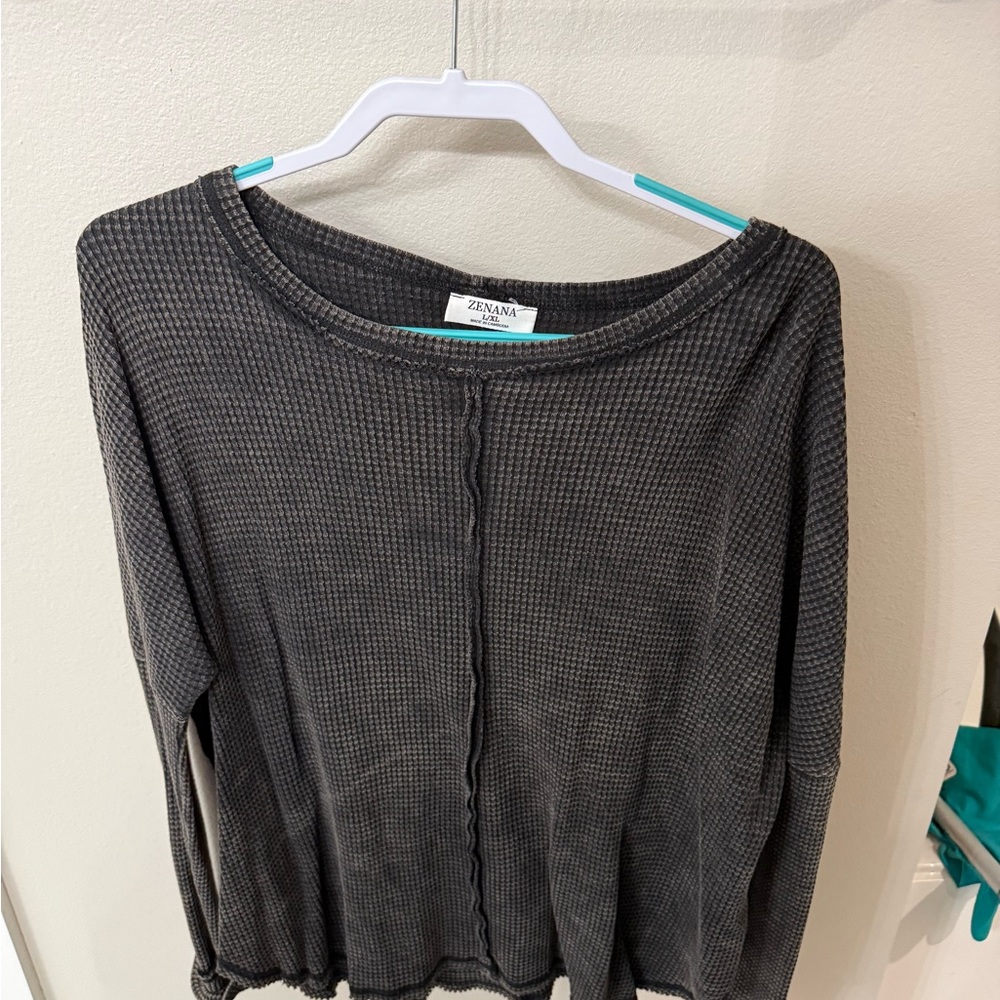 Zenana Outfitters Charcoal Waffle Knit Long Sleeve Top
